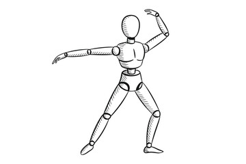 Sketch of a Wooden Mannequin in a Dynamic Pose on White