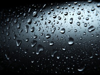 Numerous tiny droplets of water sliding down the dark glossy surface