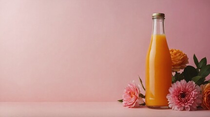 Bright Orange Juice Bottle with Pink Flowers on Pink Background


