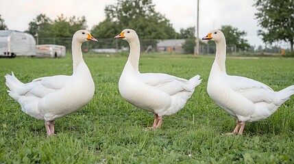 Obraz premium Three white geese stand in a grassy field.