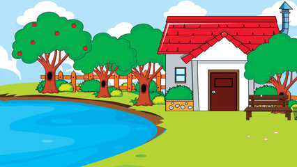 Cartoon house near pond with apple trees, bench, and bright sky, colorful and child-friendly.