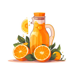 Refreshing Orange Juice in a Glass Bottle. Surrounded by Juicy Oranges and Leaves