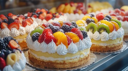 Assortment of Fresh Fruit Cakes with Cream Topping Displayed in a Bakery
