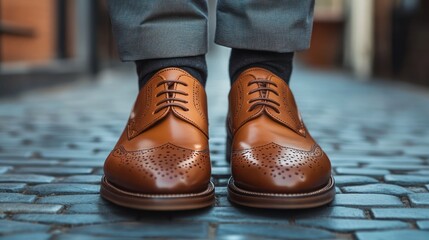 Detailed view of well-crafted brown leather wingtip dress shoes and grey trousers