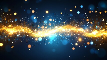 Golden and blue swirling particles on a dark background.
