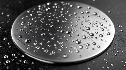 Water droplets on a brushed metal surface.