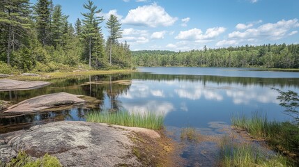 Obraz premium Serene lake reflecting blue sky and lush green forest, tranquil waters with rocky shoreline and vegetation