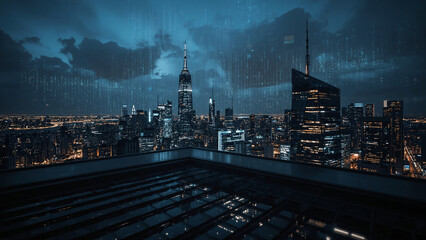 Futuristic Digital Cityscape with Neon Lights and Flowing Data Streams in a High-Tech Urban Atmosphere