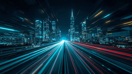 Futuristic Digital Cityscape with Neon Lights and Flowing Data Streams in a High-Tech Urban Atmosphere