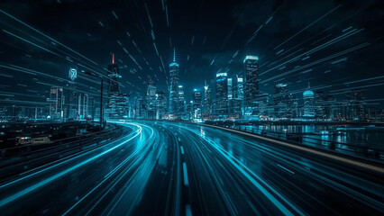 Futuristic Digital Cityscape with Neon Lights and Flowing Data Streams in a High-Tech Urban Atmosphere