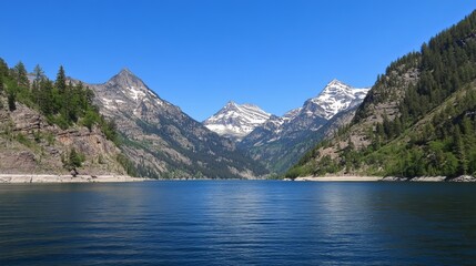 Fototapeta premium Serene mountain lake nestled between snow-capped peaks and lush green slopes under a clear blue sky