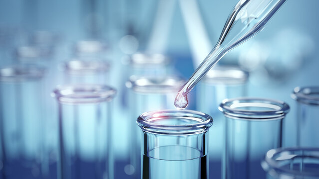 Drop of liquid into test tubes in laboratory, Medicine and science concept, 3D rendering