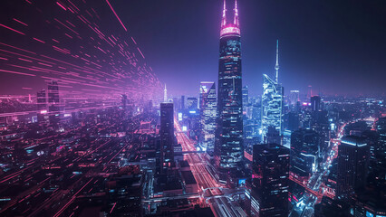 Futuristic Digital Cityscape with Neon Lights and Flowing Data Streams in a High-Tech Urban Atmosphere