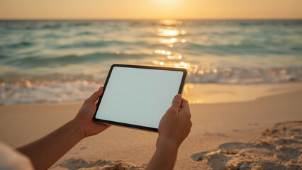 Hands Holding Tablet with Blank Screen in Natural Outdoor Setting for App Mockup or UI Presentation