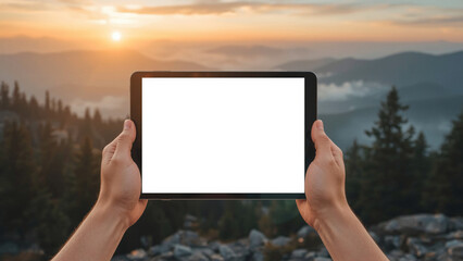 Hands Holding Tablet with Blank Screen in Natural Outdoor Setting for App Mockup or UI Presentation