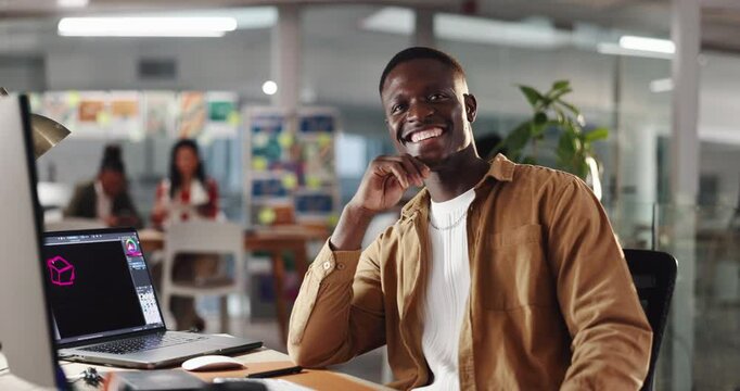 Face, computer and creative business man in startup office for graphic design internship on overtime. Portrait, smile or confident worker with tech for typing or coworking with logo designer at night