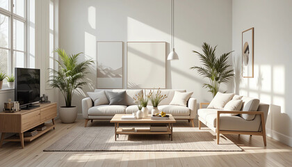Minimalist Scandinavian living room interior with natural sunlight, neutral tones, wooden furniture, clean lines, and indoor plants — styled for a premium home décor catalog."
