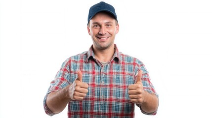 Friendly Man in Cap Giving Thumbs Up with Cheerful Expression