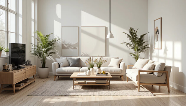 Minimalist Scandinavian living room interior with natural sunlight, neutral tones, wooden furniture, clean lines, and indoor plants — styled for a premium home décor catalog."
