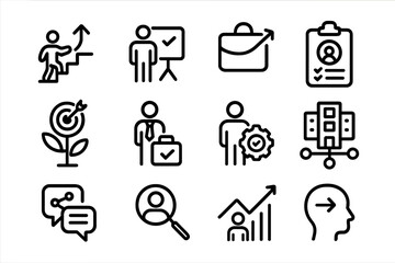 Business and career icon set featuring growth, leadership, and communication in linear style