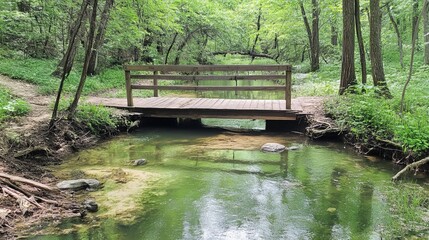 Serene woodland scene featuring a small wooden footbridge spanning a calm, green creek. Lush greenery frames the tranquil waterway