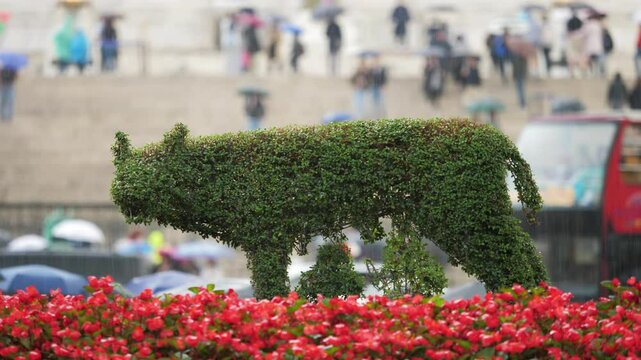 Rome, Italy - October 06, 2018: Decorative shrub in the shape of Capitoline Wolf with Romulus and Remus twins