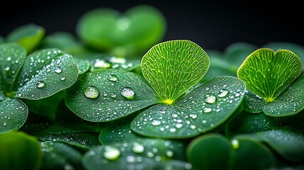 Close-up view of vibrant green clover leaves covered in dew drops.