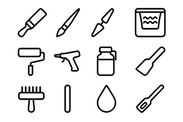 Black linear icons of painting tools on dark background