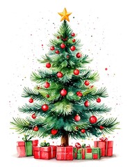 Christmas tree and gifts. Watercolor card.