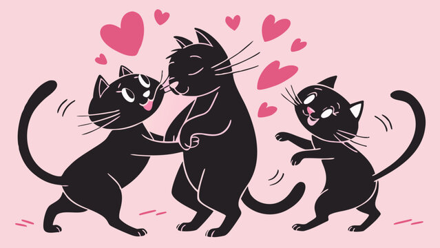 International cat day 8 August 2025 , Group of black cat silhouettes in love and happy mood playing  in pink background vector illustration 