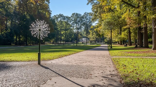Sunlit park pathway with autumn foliage, a unique light sculpture stands near intersecting paths