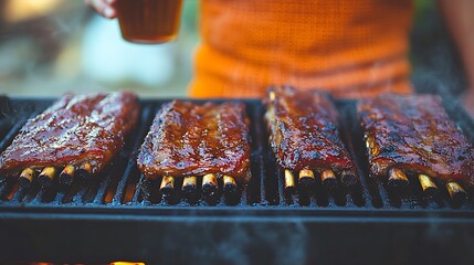 Delicious ribs sizzling on a barbecue grill.