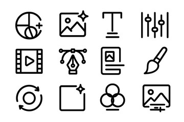 Minimalist black icons for graphic design and media editing tools