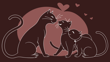 Obraz premium International cat day 8 August 2025 , Group of red cat silhouettes in love and happy mood playing in red background vector illustration 