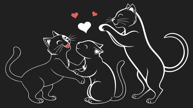 International cat day 8 August 2025 , Group of black cat silhouettes in love and happy mood playing in black background vector illustration - Powered by Adobe