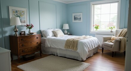 Fototapeta premium Small Bedroom Design Ideas: Stylish and Intimate Space - Cozy bedroom, light blue walls, wooden dresser, white bedding, natural light, intimate space, calm atmosphere