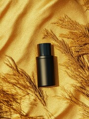 Elegant Black Bottle on Golden Fabric with Dried Grass Accents