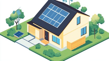 Sustainable suburban home with solar panels, wind turbine, and ground-mounted solar array, nestled in a green landscape