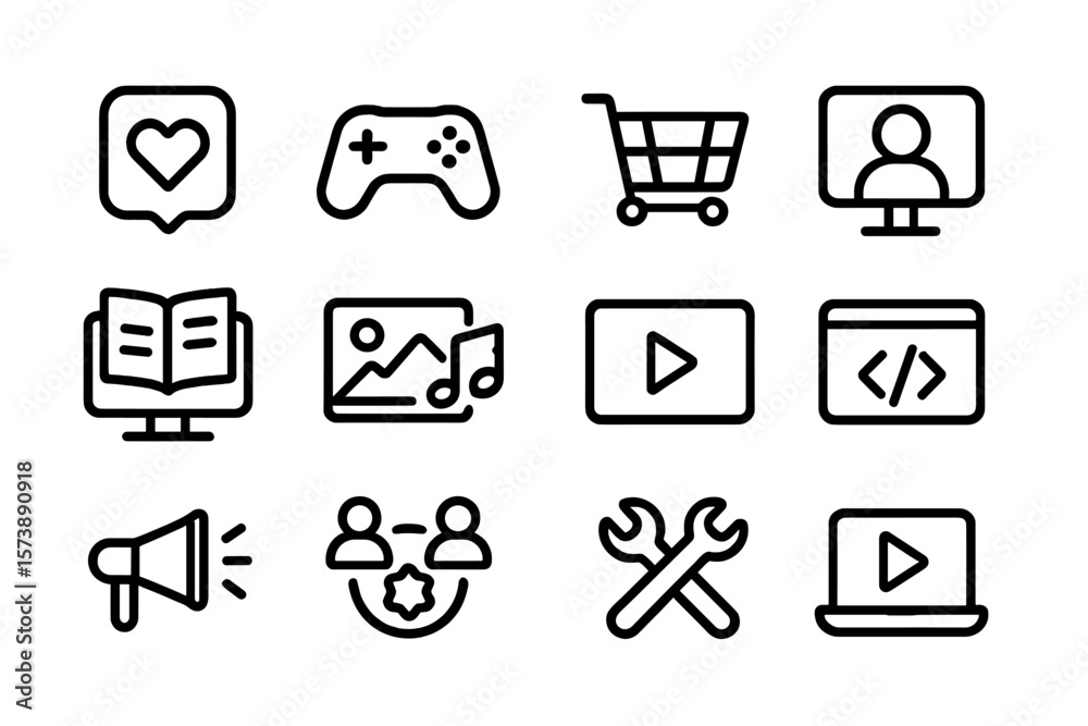 Wall mural minimalist black line icons set for digital media and user interface design