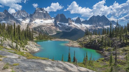 Turquoise alpine lake nestled amidst majestic, snow-capped mountains and lush evergreen forests under a vibrant blue sky