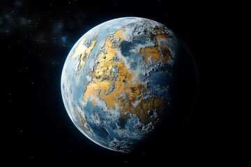 Obraz premium A digital rendering of a planet with blue oceans and golden continents against a dark space background