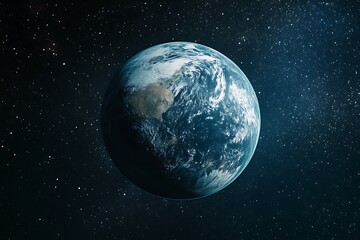 A view of planet earth from space surrounded by stars on a dark background showing continents and oceans