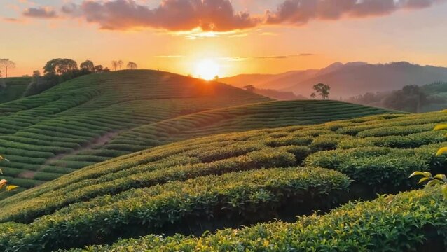 Golden summer light illuminates a Tuscan vineyard, stretching across rolling hills and meadows toward a distant, cloud-kissed mountain sunset