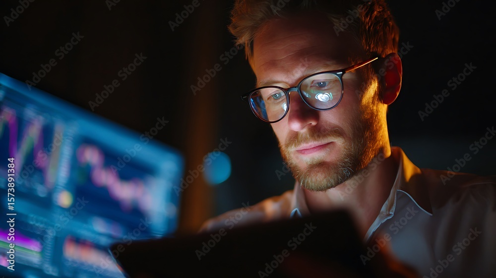 Wall mural man with glasses looking at screens displaying graphs in a dark environment at night time