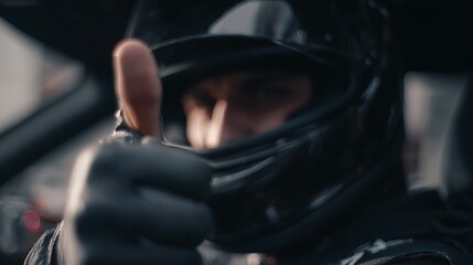Fototapeta premium A driver in a helmet giving a thumbs up signal inside of a vehicle with blurry background scenery