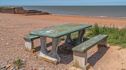 Weathered picnic table sits on a pebble beach overlooking a calm sea and sandy shore under a clear blue sky