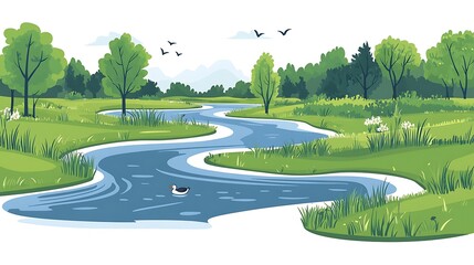Serene landscape of a meandering river through a lush green meadow.