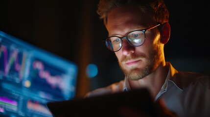 Man with glasses looking at screens displaying graphs in a dark environment at night time