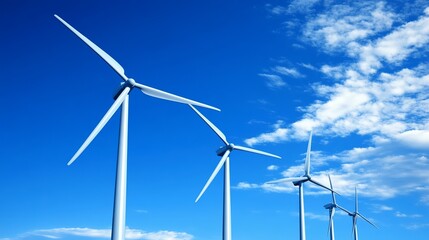 Wind turbines stand tall against a vibrant blue sky dotted with fluffy white clouds, symbolizing clean energy and sustainable practices