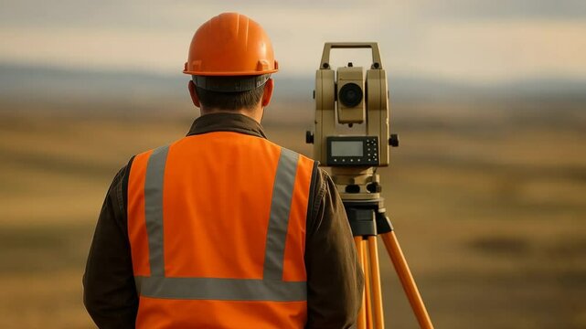 A construction worker wearing a safety helmet and vest operates a surveying instrument, surveying land at sunset, representing precision and planning in civil engineering.